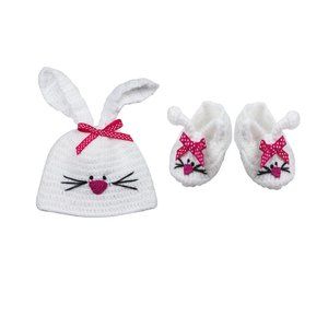 Plush Pink and White Baby Bunny Knit Hat and Bootie Set Easter